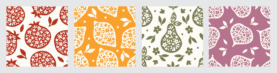 Vector fruit seamless pattern set. Citrus lemon, pomegranate, pear, fig tree with flower and leaves. Modern botanical print for kitchen textile, wrapping paper, fabric, home decor, scrapbooking.