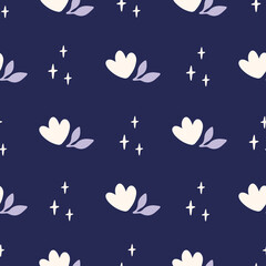 Floral vector seamless pattern. Flower and star on navy blue background. Modern drawing. Botanical fabric print, digital paper, textile design, kids and baby clothes, scrapbooking, wallpaper.
