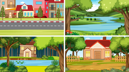 Four scenes with houses and park