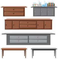 Set of different drawer cabinets and desks