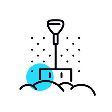 Shovel in a snowdrift. Clearing snow in winter weather. Pixel perfect, editable stroke geometric icon