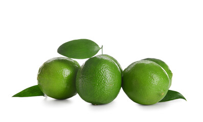 Fresh juicy limes on white background