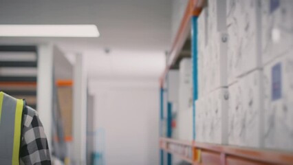 Camera tracks past warehouse shelves to show male worker wearing high vis safety vest in distribution warehouse smiling into camera - shot in slow motion