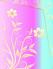 Floral card Background design vector with golden frame on light pink and azure color