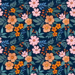 Fototapeta na wymiar Cute colorful flowers and leaf on dark blue color background seamless pattern.