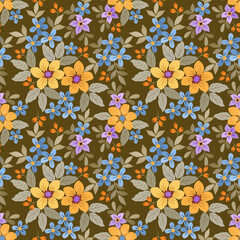 Obraz premium Cute colorful flowers and leaf on dark brown color background seamless pattern.