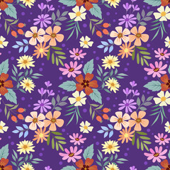 Cute colorful flowers and leaf on purple color background seamless pattern.