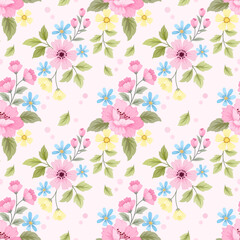 Fototapeta na wymiar Beautiful flowers and leaf seamless pattern for fabric textile wallpaper.