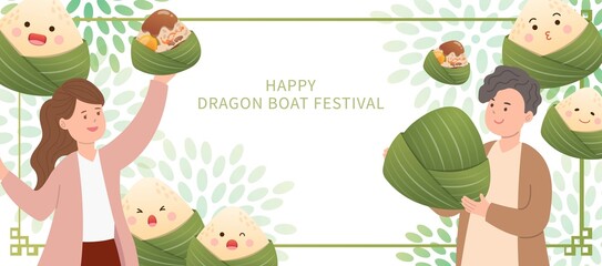Happy people with traditional food for Chinese Dragon Boat Festival: Zongzi, sticky rice wrapped in bamboo leaves, poster for banner