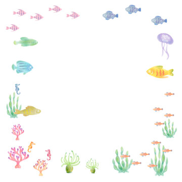 水彩画　魚　フレーム　正方形