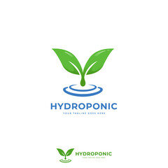 Hydroponic farm logo icon with water and green leaf symbol