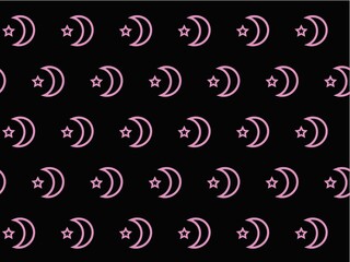 三日月と星のパターン背景　黒　ピンク