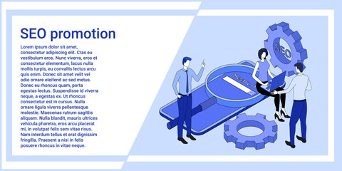 SEO promotion.Search technologies in the conditions of modern business.The illustration in the style of the landing page is blue.