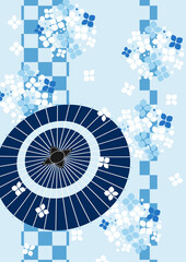 和傘とあじさいと市松模様の梅雨背景タテ