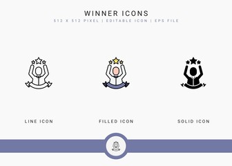 Winner icons set vector illustration with solid icon line style. Award prize concept. Editable stroke icon on isolated background for web design, user interface, and mobile app