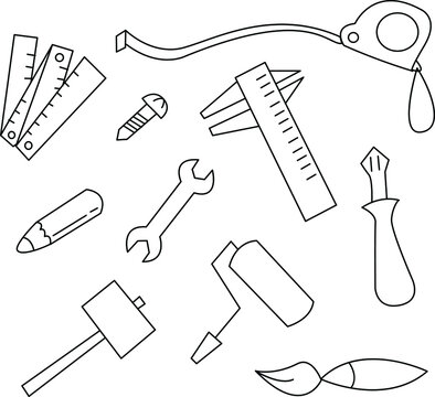 tools icons set for children's coloring book, children's book. eps vector image.