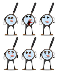 Magnifier holds hand at his ear, listening. Cartoon Character science research object, analysis, business, examination, optics concept.