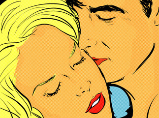 pop art couple amour gros plan visage d' un homme qui embrasse la joue d'une belle jeune femme blonde - 498861704