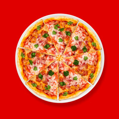 One pizza on a white plate on isolated rad background, Pizza, Restaurant, Food advertising concept,