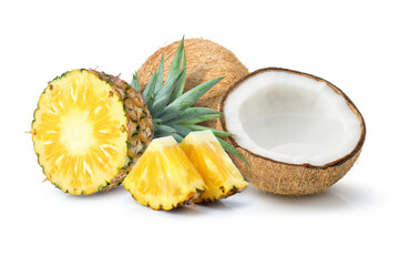 Pineapple and coconut fruit isolated on white backgroind.