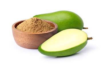 Mango powder in wooden bowl and fresh raw mango isolated on white background.