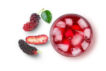 Red mulberry juice with ice cubes in glass isolated on white background. Top view. Flat lay. 