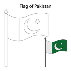 Flag of Pakistan. Color the flag according to the given example. Vector illustration. Coloring book for children. The fabric canvas is decorated with a stripe, a crescent and a star. 