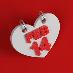 White-colored heart-shaped February 14th calendar. On red-colored background. Square composition with copy space. Isolated with clipping path.