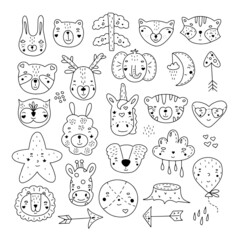 Set of cute animals in doodle style with scandinavia elements. Vector illustration in black and white