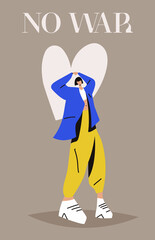 People of Ukraine voluntarily resist and defend freedom in Ukrainian flag themed illustration. Support Ukraine. Girl on the background of the heart in national colors.