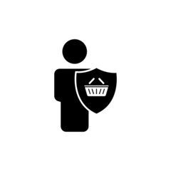 buyer safety icon. people with shield and shopping cart. glyph icon style. silhouette. suitable for shopping icon. simple design editable. Design template vector