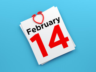 February 14 calendar page and heart-shaped attachment. On blue-colored background. Horizontal composition with copy space. Isolated with clipping path.