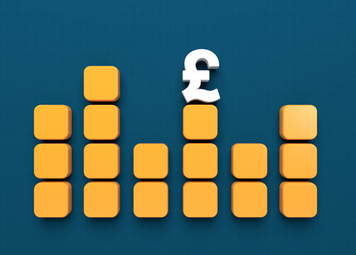 White-colored pound symbol and orange-colored cube finance chart. On navy blue-colored background. Horizontal composition with copy space. Isolated with clipping path.