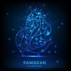 Arabic Calligraphy Of Ramadan Kareem With Blue Lights Effect Against Black Background.