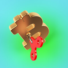 Red-colored wind-up key and bitcoin symbol. Gradient-colored background. Square composition with copy space. Isolated with clipping path.