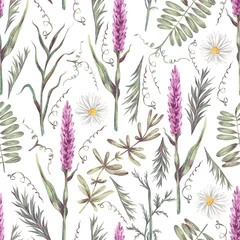 Fototapete Aquarell Natur Set Watercolor hand drawn seamless pattern with illustration of wild flowers. Floral elements pink flower, chamomile, herbs isolated on white background. Beautiful meadow flowers