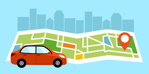 Car gps navigation tracking concept vector illustration. Car with map in flat design.