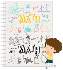 Doodle math formula on notebook page with kid