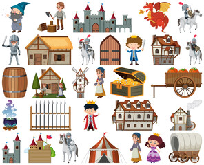 Medieval characters buildings set