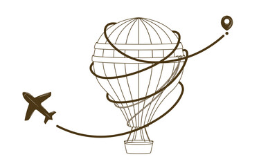 Fototapeta na wymiar Aircraft route. Vector travel illustration with hot air balloon and airplane. Movement from the starting point. Travel around the world. Time to travel. In sketch style. Vintage. 