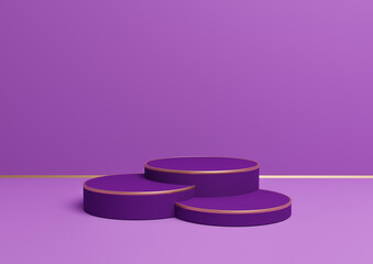 Bright purple, violet 3D rendering simple product display with three podiums or stand with golden line minimal background composition for luxurious products