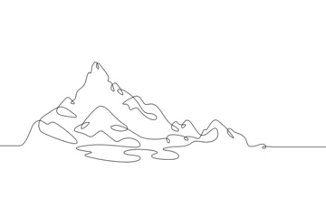 Foto auf Acrylglas Berge One continuous line. Landscape of mountain range and high mountain. Web banner and design background. Mountain peak. Landscape for tourism and winter sports. One continuous line drawing. Line Art isol