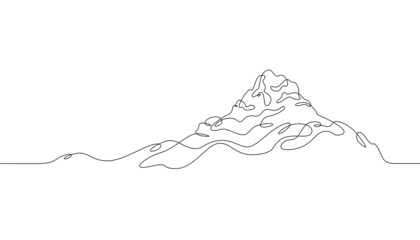 One continuous line. Landscape of mountain range and high mountain. Web banner and design background. Mountain peak. Landscape for tourism and winter sports. One continuous line drawing. Line Art isol
