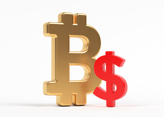Gold-colored Bitcoin and Dollar symbol. On white-colored background. Horizontal composition with copy space. Isolated with clipping path.