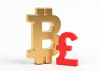 Gold-colored Bitcoin and Pound symbol. On white-colored background. Horizontal composition with copy space. Isolated with clipping path.