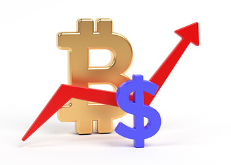 Gold-colored Bitcoin, Dollar symbol, and finance arrow. On white-colored background. Horizontal composition with copy space. Isolated with clipping path.