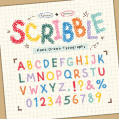 Colorful pencil scribble alphabet and number set. Kids hand drawn font. Cute childish typeface for children book, education, school, scrapbook, poster, birthday card, graphic print, etc.
