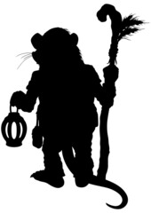 Fantasy traveler silhouette / Silhouette of a mouse in human-like pose with a road staff and a lantern