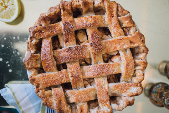 Top Down Shot Of Lattice Crust Apple Pie