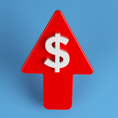 Red-colored arrow and Dollar sign. On blue-colored background. Square composition with copy space. Isolated with clipping path.
